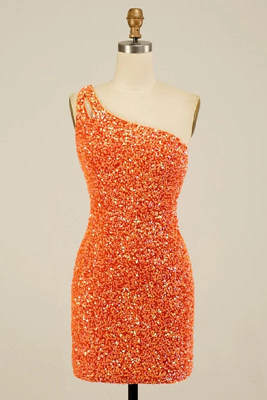 trendy mini dressOrange Sequins One Shoulder Sheath Homecoming Dress