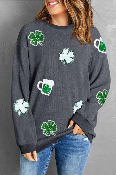 comfy workout sweatshirtLucky Clover Beer Sequin Round Neck Sweatshirt