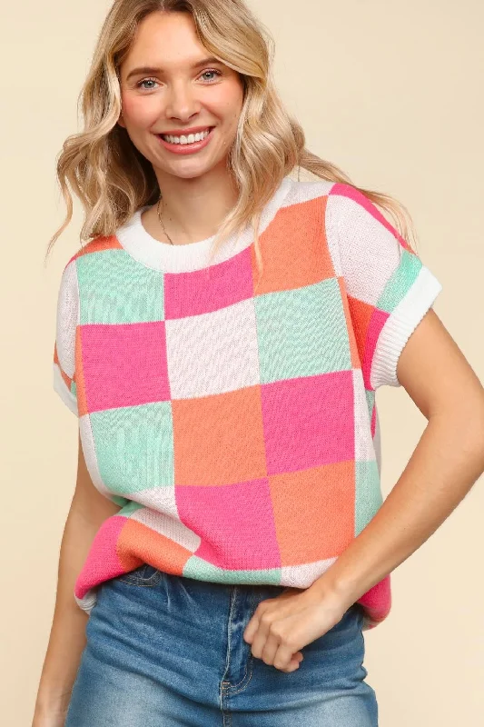 stylish peacoatDOLMAN SHORT SLEEVE CHECKER SWEATER KNIT TOP