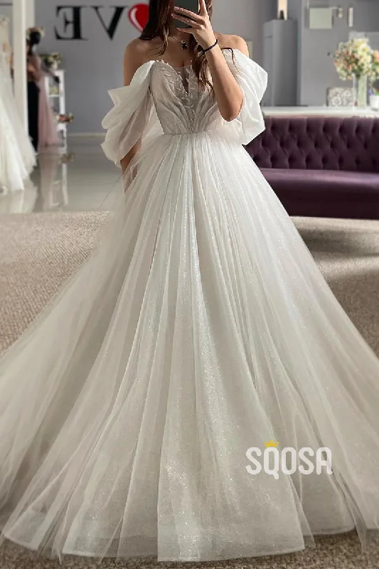 casual midi dressA-Line Off-Shoulder Appliques Glitter Sheer Tulle Wedding Dress  QW8174