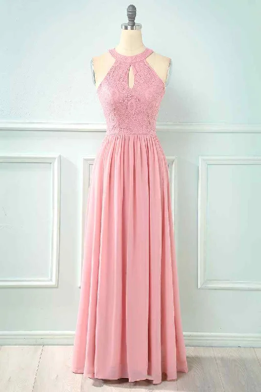 stylish dressA-line Halter Lace Cut-Out Chiffon Long Bridesmaid Dress