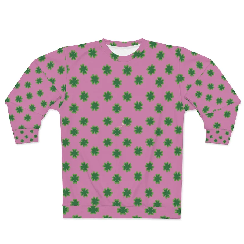 fashionable fitness sweatshirtPink St. Patrick's Day Shirt, Green Clover Print Unisex Couples Designer Sweatshirt- Made in USA