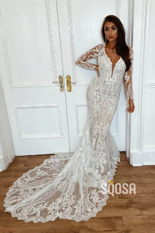 boho dressPlunging V-neck Exquisite Champagne Lace Wedding Dress Long Sleeves Wedding Gown QW2558