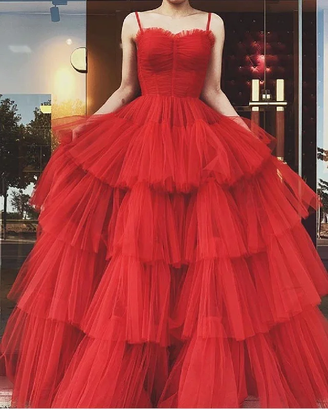 party dressA-line Red Tulle Multi-layered Prom Dress,Red Formal Gown Y3064