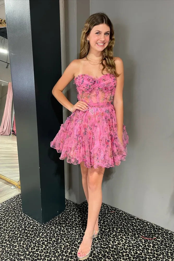 lace dressPink Tulle Spaghetti Strap Floral Lace-Up Homecoming Dress