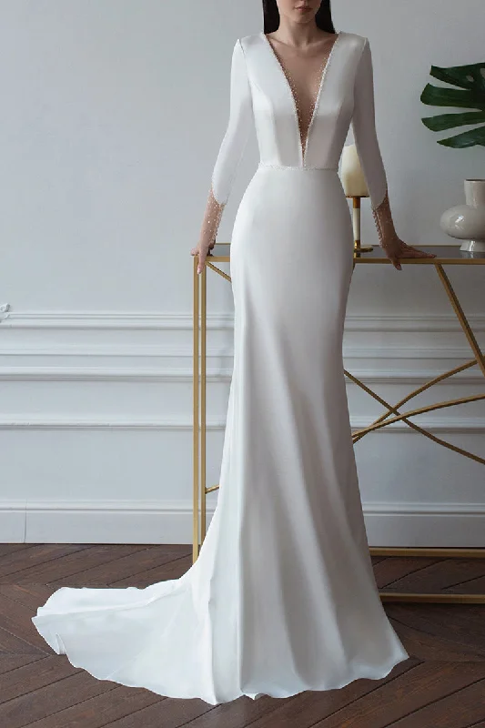 sleeveless dressSheath/Column Illusion Deep V neck Long Sleeve Satin Wedding Dress with Court Train QW2125