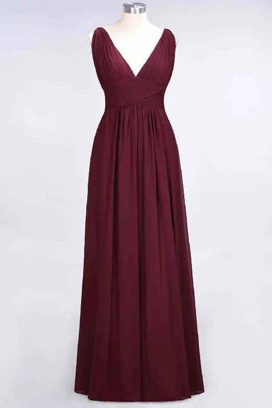 trendy bodycon dressBurgundy A-line V Neck Sleeveless Pleated Chiffon Long Bridesmaid Dress