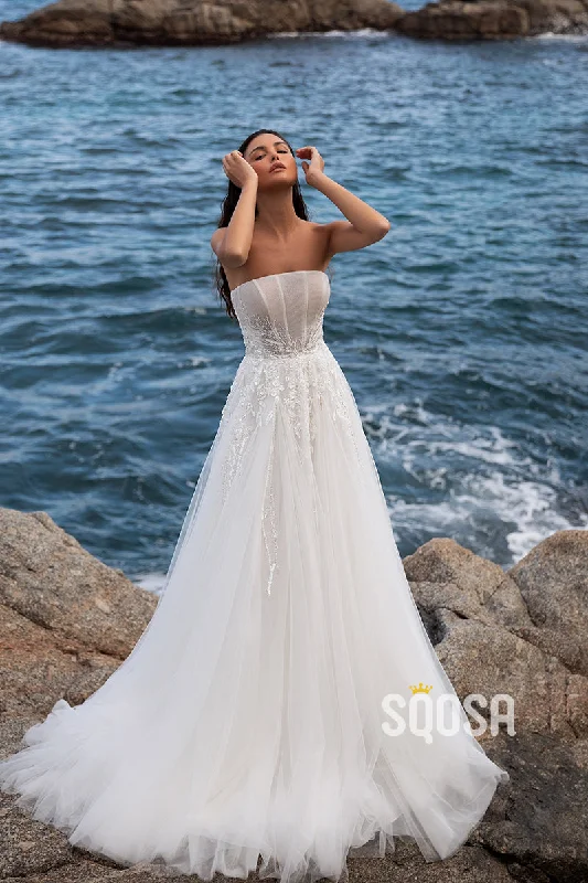 party dressTulle A-Line Detachable Off-Shoulder Empire Beaded Appliques With Side Slit Beach Wedding Dress QW8125