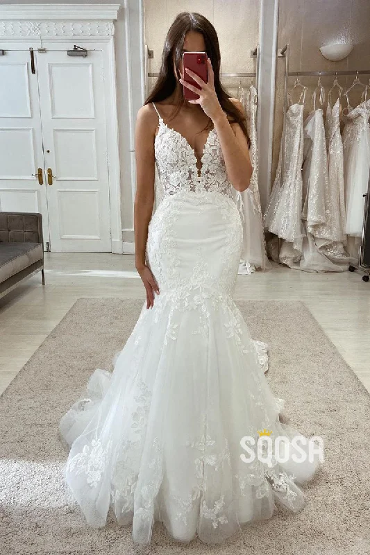 stylish dressV-Neck Spaghetti Straps Lace Applique Empire Two Tone Trumpet Wedding Dress QW8116