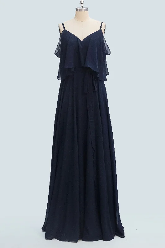 layered dressNavy Blue A-line Spaghetti Strap Sash Ruffle Long Bridesmaid Dress