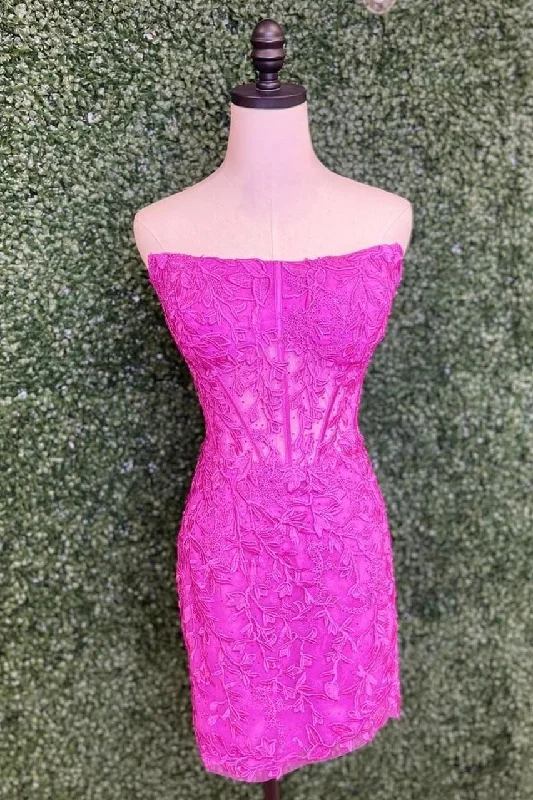 long sleeve dressFuchsia Strapless Sheath Appliques Homecoming Dress