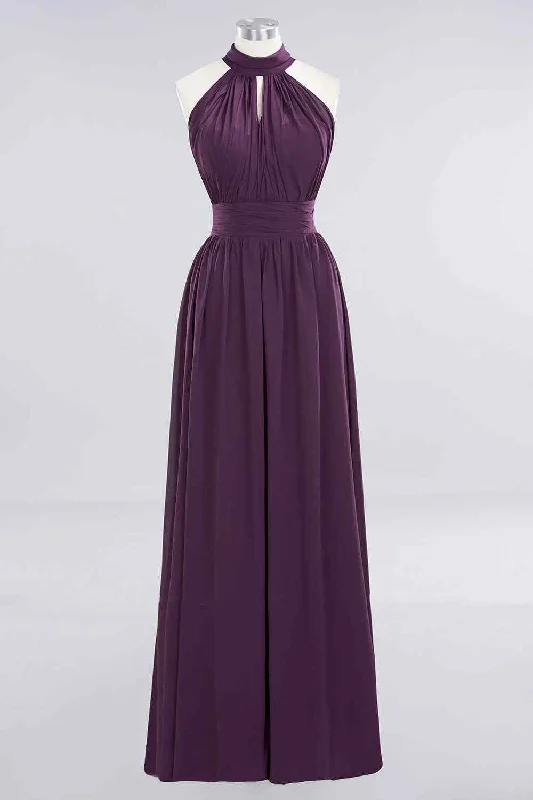 lace-up dressGrape A-line Halter Bow Tie Back Chiffon Long Bridesmaid Dress