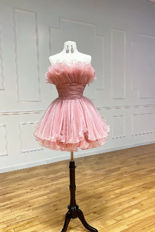 bodycon dressA Line Strapless Tulle Ruffles Pink Short Homecoming Dress QH2518