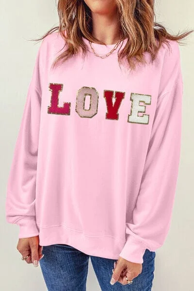 cool activewear hoodieLOVE Patch Round Neck Dropped Shoulder Sweatshirt