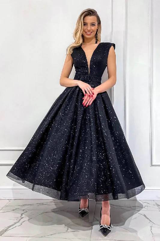 draped dressAttractive V-Neck Tulle Black Vintage Prom Dress Glitter QP0838