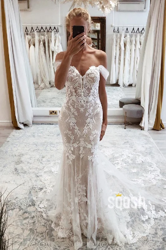 party-ready dressChic Off the Shoulder Lace Appliques Mermaid Wedding Dress QW2529