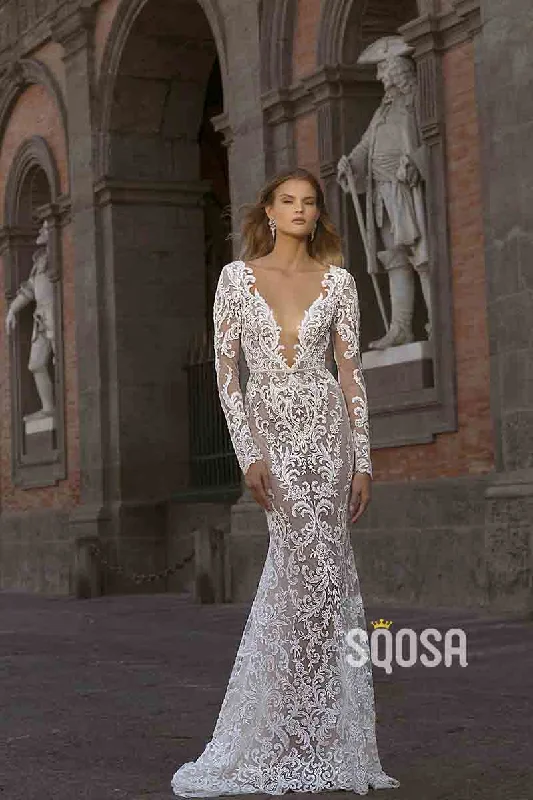 satin dressIllusion Deep V neck Long Sleeves Romanic Lace Mermaid Wedding Dress QW2456