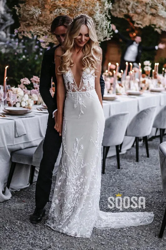 fitted dressAttractive Deep V-Neck Lace Appliques Sheath Bohemian Wedding Dress QW2359