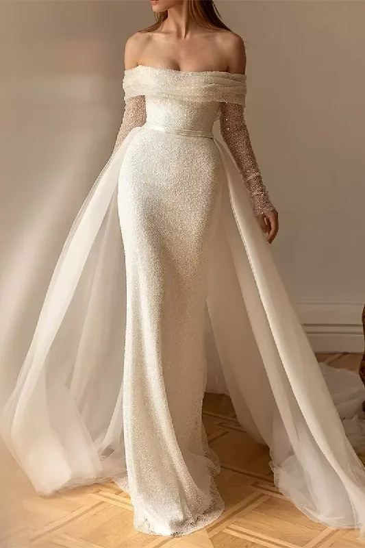 flowy evening dressSheath/Column Off Shoulder Long Sleeves Rustic Wedding Dress QW2574