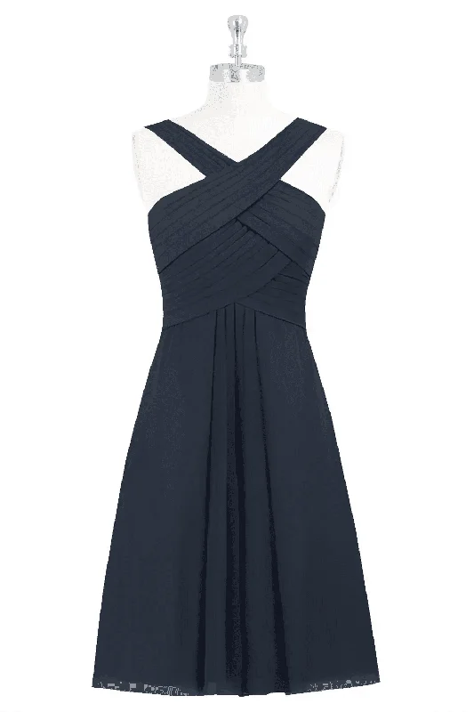 playful dressDark Navy A-line Crossed V Neckline Chiffon Knee Length Bridesmaid Dress