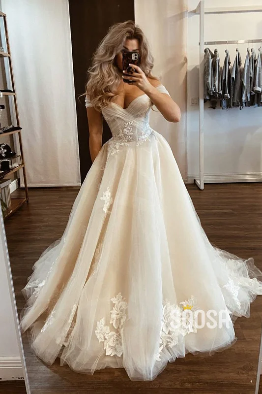 printed dressOff the Shoulder Tulle Appliques A-line Wedding Dress QW2665