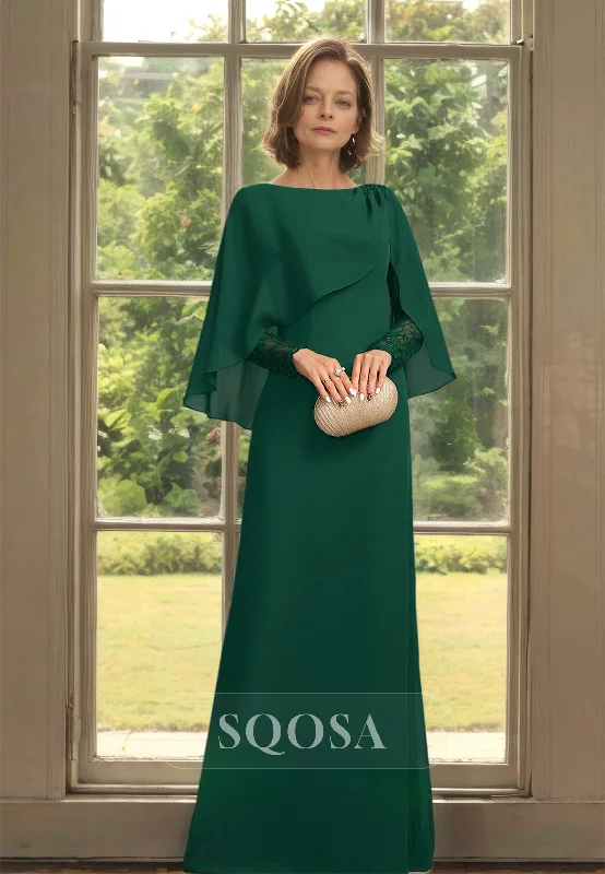 t-shirt dressLace Long-Sleeveles Scoop-Neck Chiffon Floor-Length Fitted Mother of the Bride Dress with Overlay