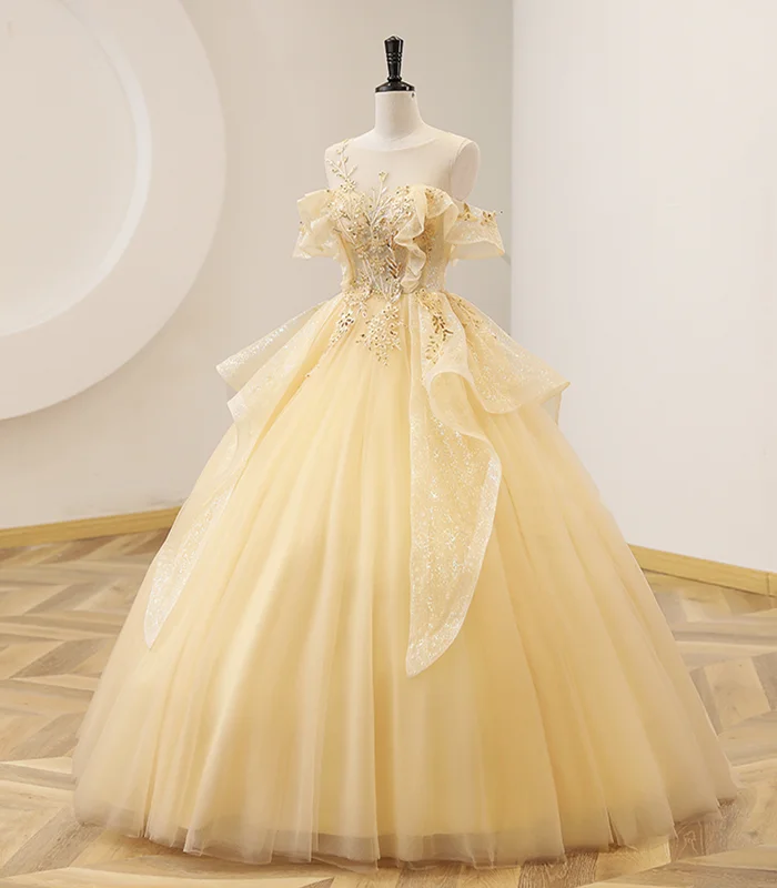 vintage-inspired dressYellow Ball Gown Beaded Sweet 16 Dress, Yellow Long Formal Dress Y4045