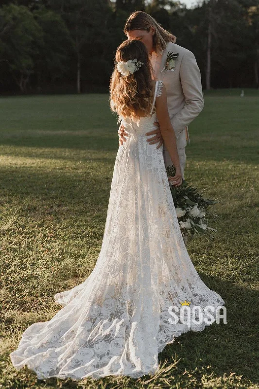 wool dressA-line Sweetheart Allover Lace Wedding Dress Bohemian Wedding Dress QW2692