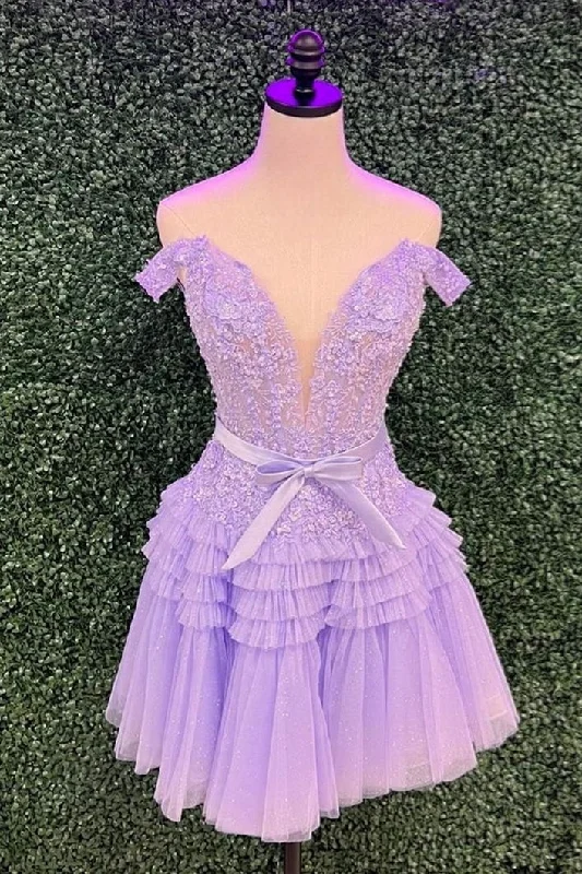 A-line dressLavender Plunging Off-the-Shoulder A-line Layers Appliques Homecoming Dress