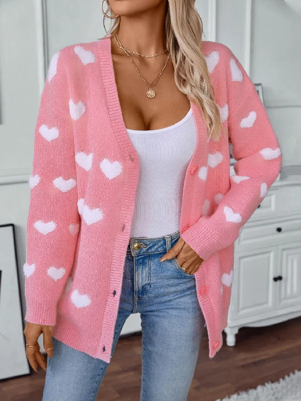 breathable workout hoodieHeart V-Neck Button Up Long Sleeve Cardigan