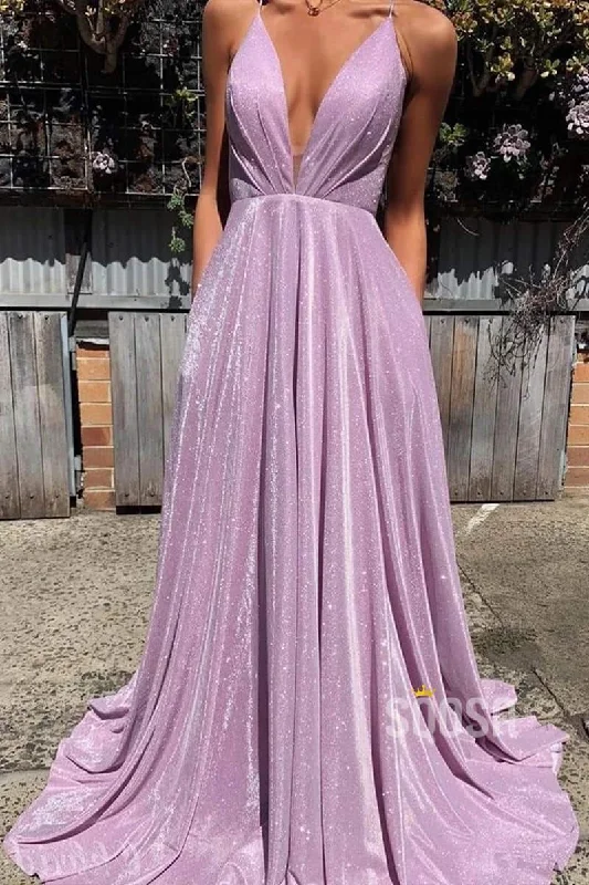 casual dressA-Line Deep V Neck Lavender Sparkly Prom Dress with Pockets QP0882