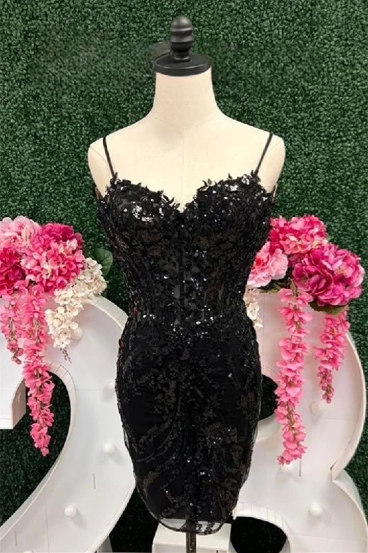 fitted cocktail dressBlack Sheath Appliques Sequins Straps Homecoming Dress