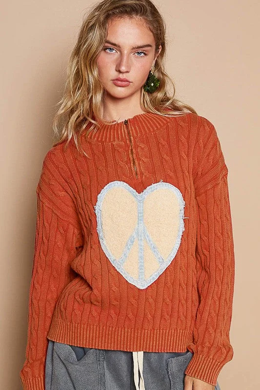 stylish sports hoodiePOL Cable-Knit Peace Patch Dropped Shoulder Sweater