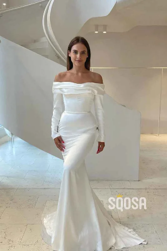 v-neck dressUnique Strapless Long Sleeves Elegan Mermaid Wedding Dress QW2527