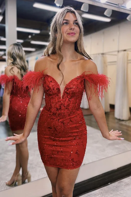 cocktail dressSexy V neck Feathers Sheath/Column Red Short Homecoming Dress QH2549