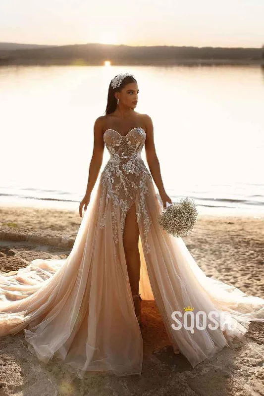 t-shirt dressA Line Sweetheart Romantic Lace Appliques Elegant Wedding Dress with Slit QW2525