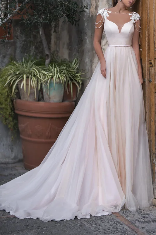 draped dressA Line Illusion Neckline Cap Sleeves Apliques Boho Wedding Dress QW2288