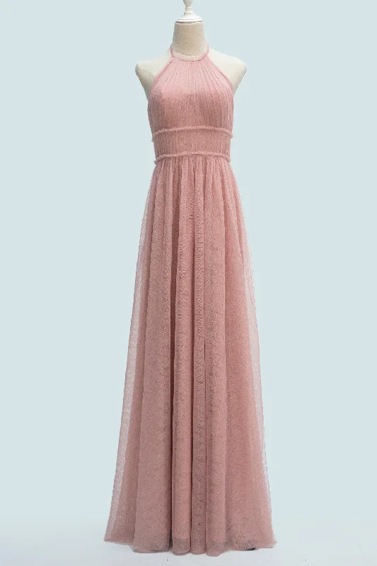 trendy mini dressBlushing Pink A-line Halter Pleated Backless Long Bridesmaid Dress