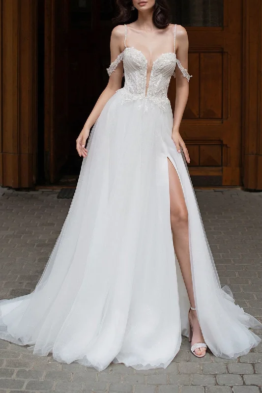 comfy dressSexy Deep V neck Beads Side Slit A line Rustic Wedding Dress QW2167