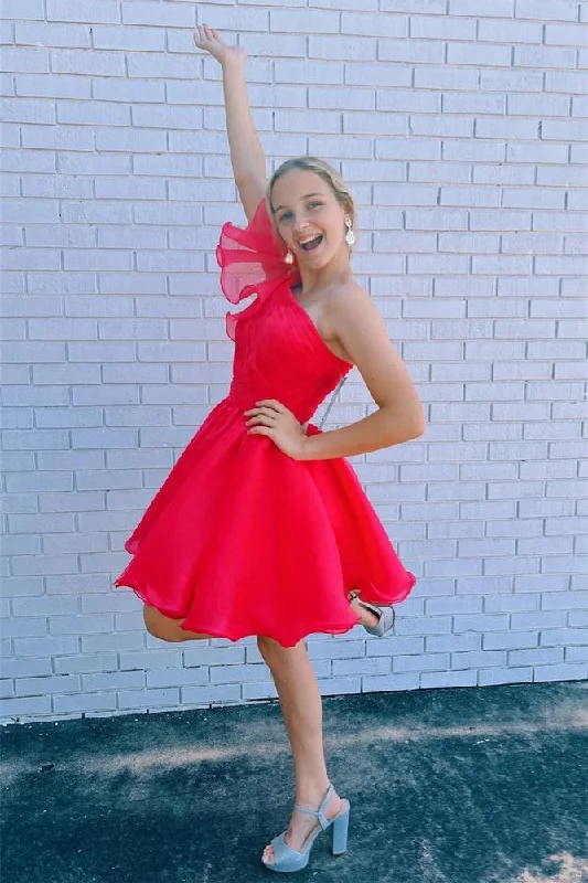 fitted dressRed A-line One shoulder Tulle Ruffle Homecoming Dress