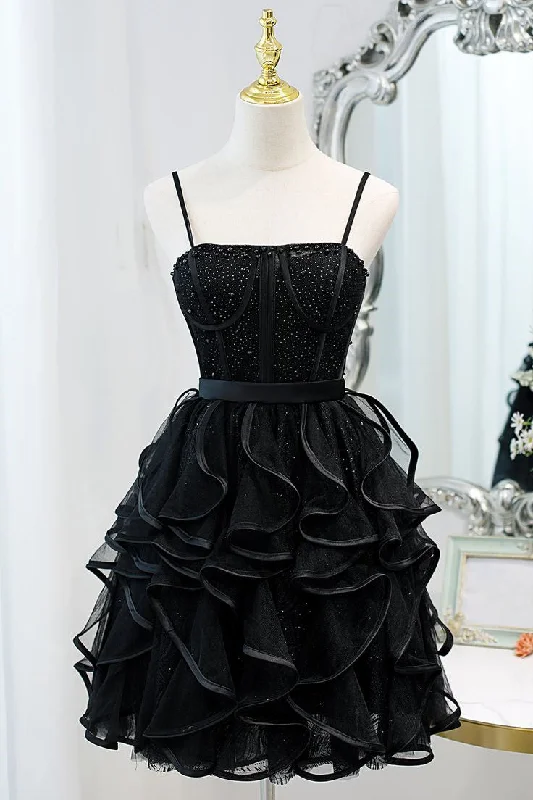 flowy evening dressBlack Sequins Spaghetti Straps Tulle Short Homecoming Dresses