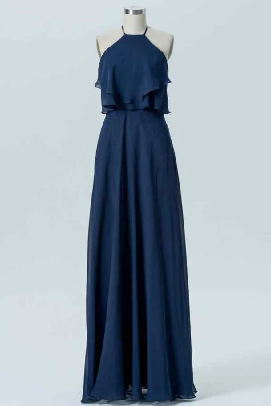 puff sleeve dressDark Navy A-line Bow Tie Back Chiffon Crepe Long Bridesmaid Dress