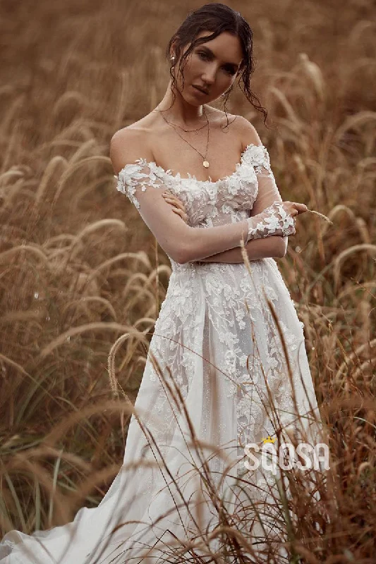 modern dressUnique Off-the-Shoulder Appliques A-line Rustic Wedding Dress with Sleeves QW2689