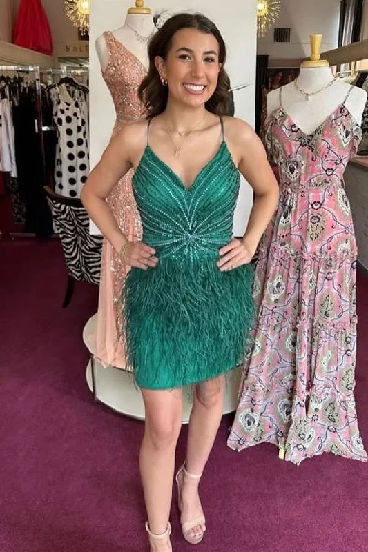 trendy bodycon dressGreen Feather Beaded Lace-Up Back Cocktail Homecoming  Dress