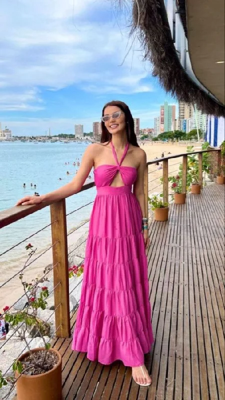 backless dressHalter Neckline Fuchsia A-line Long Prom Dress Beach Dress  Y2872