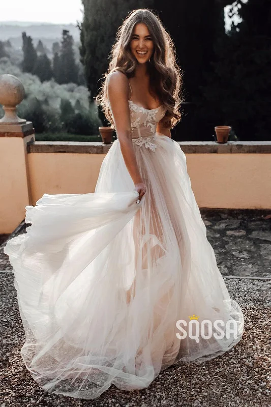 silk dressSpaghetti Straps Scoop Tulle Appliques Bohemian Wedding Dress QW2657