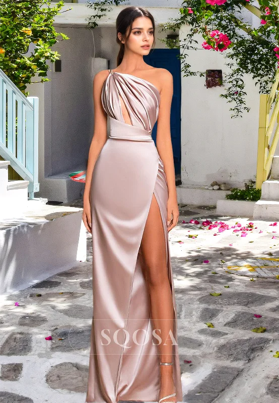 midi dressOne-Strap Off-Shoulder Asymmetrical-Neck Sleeveless Pleated Cutout Mermaid Prom Dress with High Slit