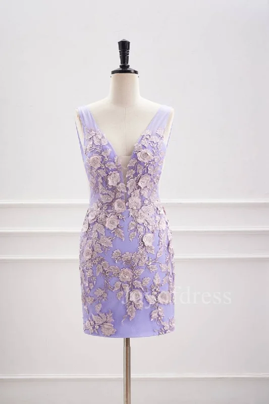 flowy evening dressPlunging Neck Lavender 3D Flowers Fitted Homecoming Dress