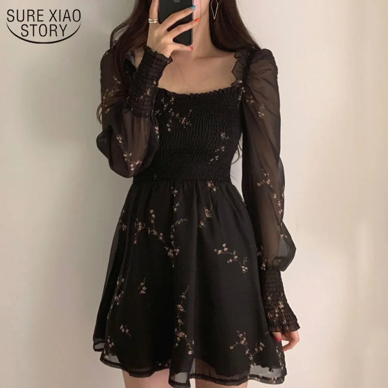 relaxed winter jacketSpring Womens Sexy Black Dress Vintage Flower Long Puff Sleeve Chiffon Dresses Korean Casual Mini Vestidos Mujer Clothes 13676