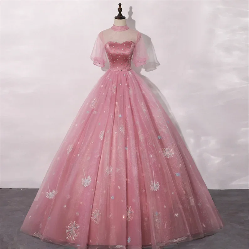 stylish dressBlush Pink Quinceanera Dress Masquerade Dress A-Line Wedding Dress Floor Length High Neck Bridal Gown Short Sleeves Y2937